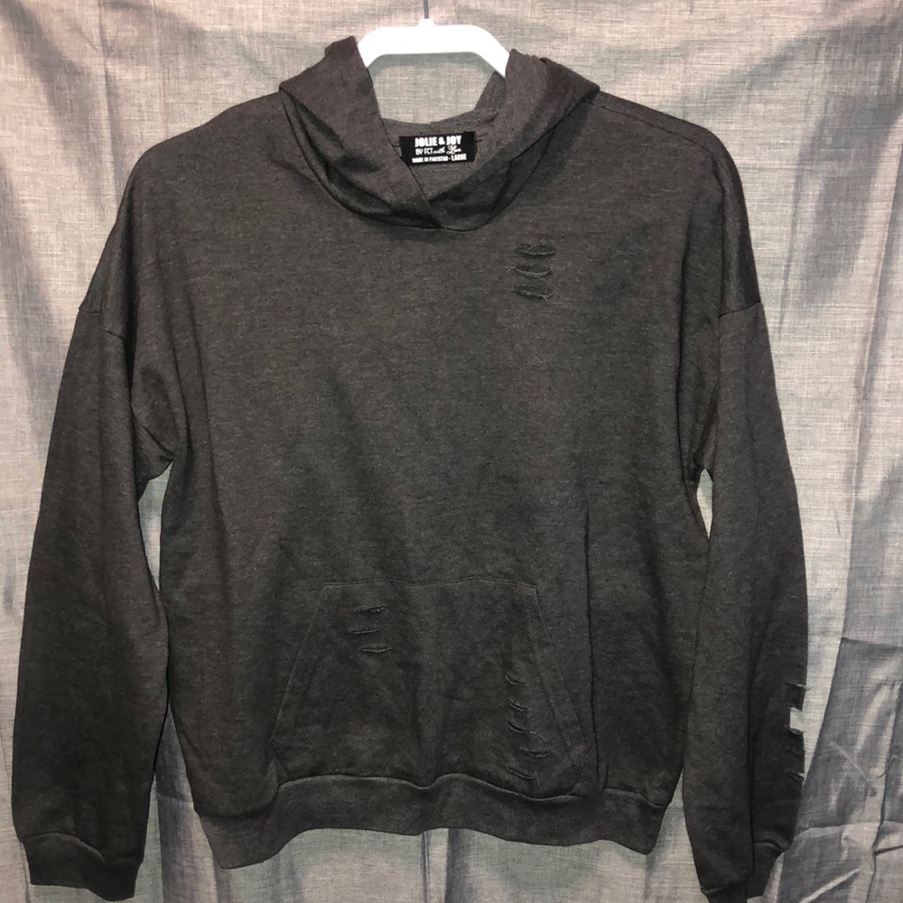 Jolie & Joy by FCT with Love Dark Grey Distressed Hooded Sweatshirt (SIZE LARGE)